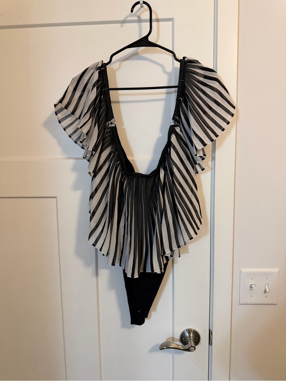 Charlotte Russe Black and White Striped Ruffled Bodysuit
